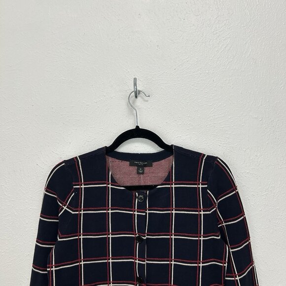 Ann Taylor Cardigan Sweater Windowpane Check Red Blue Button Down Career Size MP - Picture 2 of 10